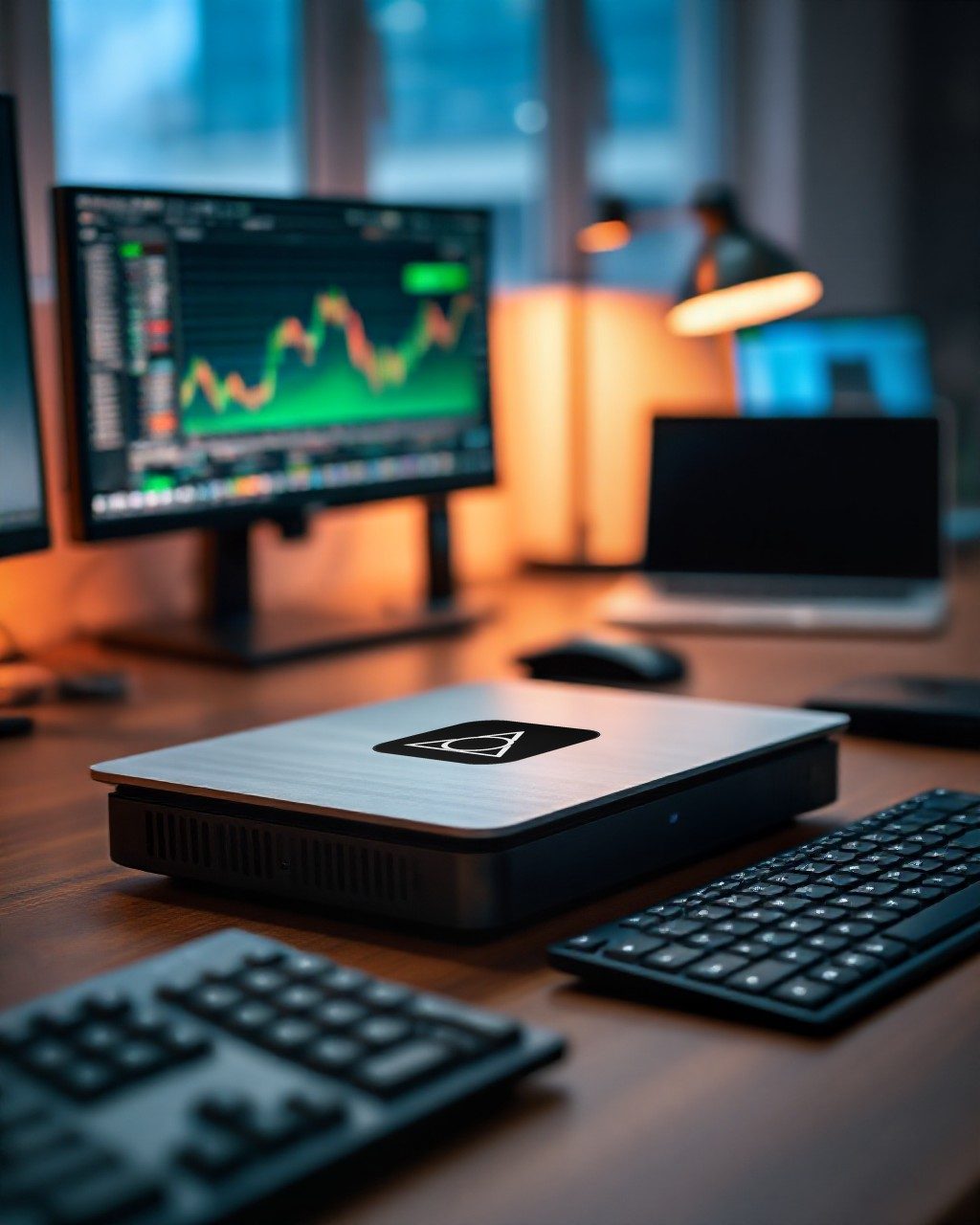 A slim Arsenale unit on a trading desk beside a keyboard, with market charts on the screens behind.